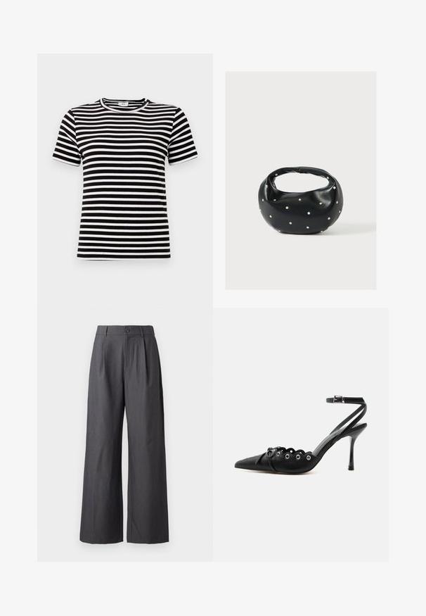 Camiseta de manga corta a rayas en blanco y negro con una textura acanalada y un cuello redondo. Las rayas están espaciadas uniformemente por toda la tela.; Pantalones anchos de pierna ancha de color gris oscuro con pliegues, trabillas para cinturón y cierre de botón en la cintura, mostrados sobre un fondo liso.; Zapato de tacón alto negro con punta fina, bordes ondulados, ojales metálicos, cordones delanteros y una correa en el tobillo con cierre de hebilla.; Bolso de mano de cuero negro con forma redondeada, decorado con detalles de tachuelas plateadas y un asa corta. Textura lisa y cierre con cremallera.