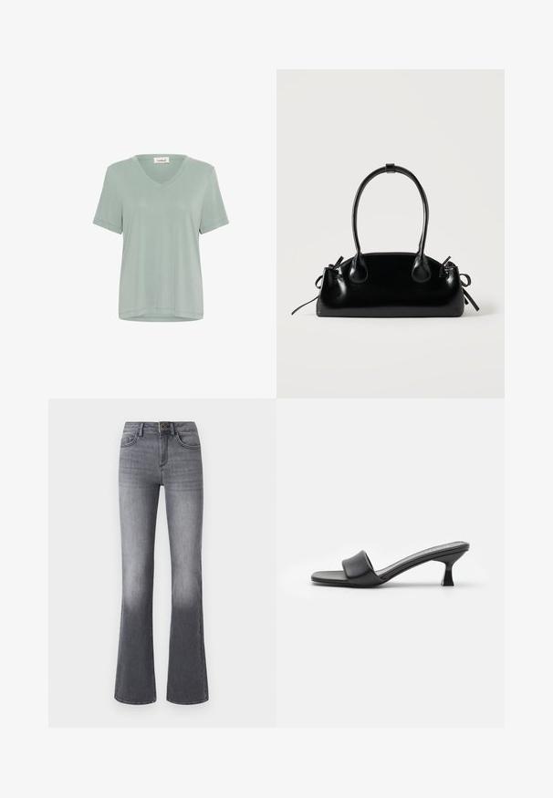 Camiseta suave de color verde claro con cuello en V y mangas cortas. Fabricada con tela lisa, presenta un corte relajado y detalles de costuras mínimas.; Jeans acampanados de tiro alto en denim gris oscuro, con bolsillos frontales, cierre de botón y un sutil desgaste hacia el dobladillo.; Mules negros con tacón, de parte superior de cuero mate y suave, puntera abierta, banda ancha en el empeine y tacón cuadrado y delgado.; Pequeño bolso negro brillante con dos asas largas y detalles de cordón lateral sobre un fondo claro liso.