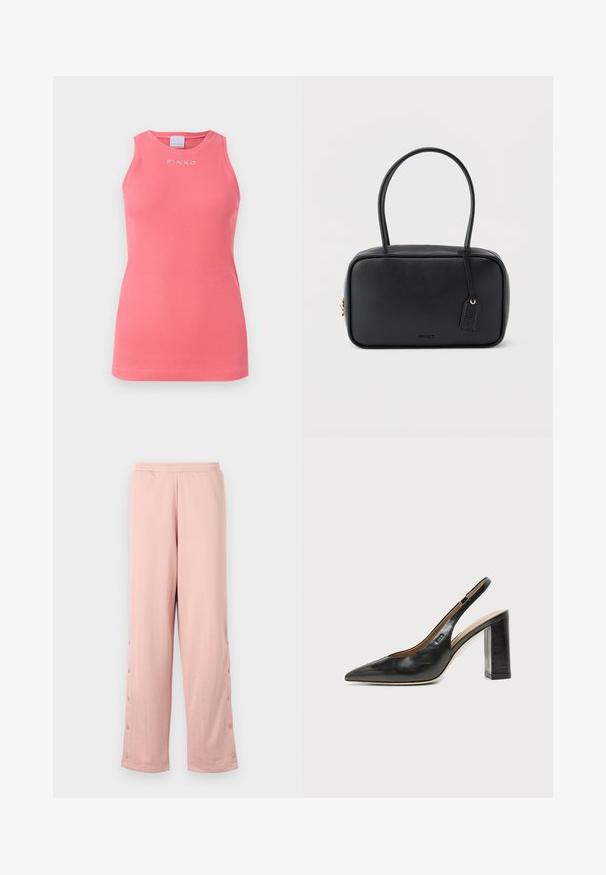 Top sin mangas de color rosa con textura de canalé y cuello redondo, que presenta un pequeño logo blanco "PINKO" centrado en el pecho.; Pantalones de pernera ancha de color rosa claro, hechos de una tela suave, que presentan un sutil patrón en relieve y botones decorativos a lo largo de la costura lateral.; Zapato slingback de piel negra con puntera puntiaguda, tacón alto y ancho, y forro interior beige sobre un fondo claro y liso.; Bolso rectangular negro con asas dobles redondeadas, cremallera dorada y logo "HUGO" en relieve en el frente con etiqueta de cuero adjunta.