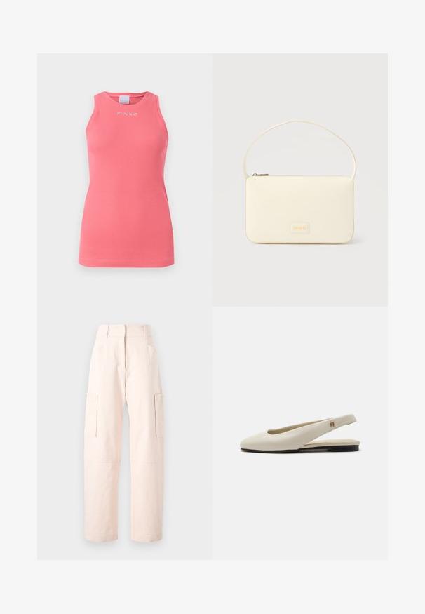 Ärmelloses pinkes Ripp-Top mit rundem Ausschnitt, featuring ein kleines weißes "PINKO"-Logo, das auf der Brust zentriert ist.; Helle rosa Cargo-Hosen aus Baumwolle, mit geradem Schnitt, zwei Seitentaschen und einem Bund mit elastischen Details.; cremefarbiger Lederslingback-Flachschuh mit rundem Zehenbereich und kleinem goldfarbenem Emblem am Riemen.; Rechteckige Handtasche in Cremefarbe mit einem einzelnen Trageriemen und Reißverschluss oben, ausgestattet mit einer kleinen, geprägten Logoplakette vorne.