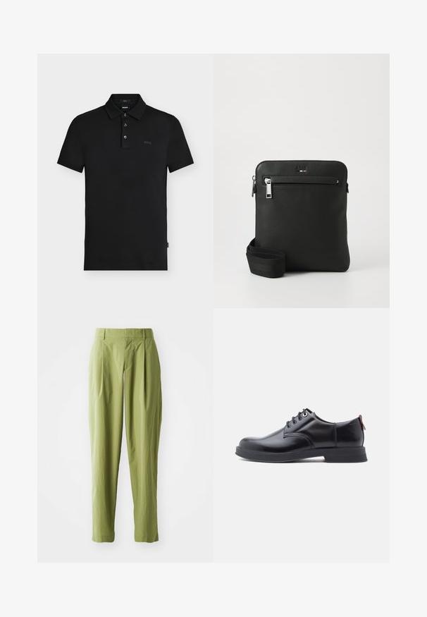 Sort slim-fit polo skjorte med tre knapper, korte ærmer og diskret "BOSS" logo på brystet og indersiden af kraven.; Lys grønne bukser lavet af et struktureret stof, med en lige form, folder foran og en standard talje.; Sorte snørestøvler i læder med glat tekstur, rundet tå og diskrete syningsdetaljer. Har en rød trækflig på hælen.; Sort læder crossover-taske med fladt design, tekstureret overflade, lynlås, forlomme og justerbar stofrem.