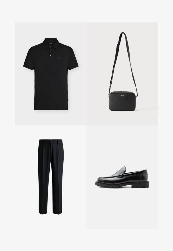 Sort slim-fit polo skjorte med tre knapper, korte ærmer og diskret "BOSS" logo på brystet og indersiden af kraven.; Sorte bukser lavet af glat stof, med lige ben-design, plisseringer foran og knaplukning med bæltestropper.; Sort læderloafer med chunky gummisål, syet overdel og præget mærkenavn på hælen, vist i sideprofil på hvid baggrund.; Sort rektangulær crossbody taske med justerbar rem og BOSS-logo foran, sat mod en ensfarvet lys baggrund.