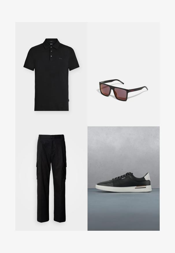 Polo negro de corte ajustado con tres botones, mangas cortas y un sutil logotipo "BOSS" en el pecho y en el interior del cuello.; Pantalones cargo negros de corte relajado, con bolsillos laterales, cierre de botón y tela ligera y suave.; Zapatilla de cuero negra con suela blanca, cuenta con perforaciones, diseño de cordones, logo en el costado y detalle del talón en blanco y marrón.; Gafas de sol rectangulares negras con lentes de color rojo oscuro, con un acabado mate y un logo rojo en la patilla. Montura de plástico resistente.