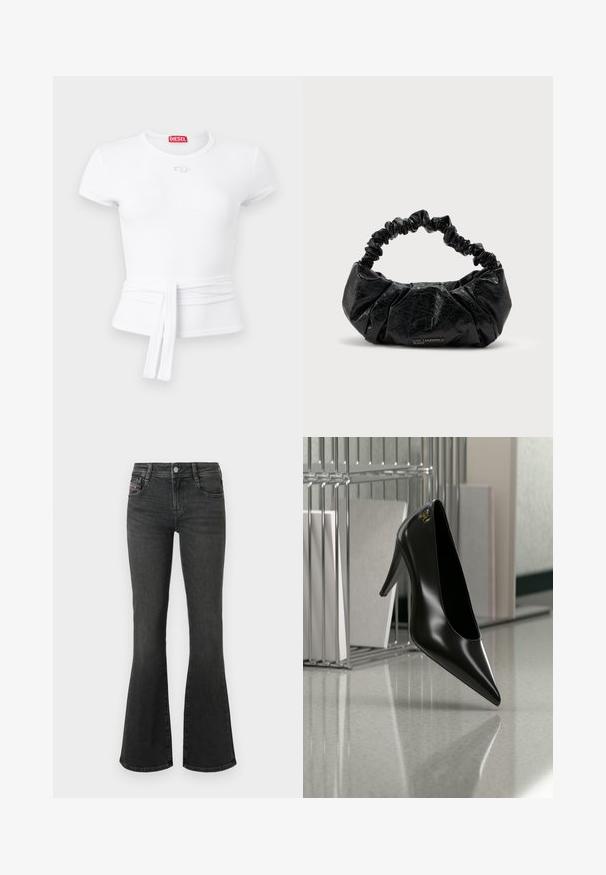 Crop top blanc à manches courtes côtelées avec encolure ronde, ceinture amovible à la taille et petit patch avec logo Diesel sous le col.; Jean en denim noir à coupe évasée, avec une taille mi-haute, un design à cinq poches et des détails de couture sur les poches. Texture lisse avec un léger éclat.; Chaussure noire à talon haut avec bout pointu et logo doré, posée sur une surface réfléchissante près d'un organiseur de dossiers en fil chromé contenant des documents.; Sac à main en cuir noir texturé avec poignée élastique froncée et logo subtil "Karl Lagerfeld Jeans" en bas au centre à l'avant.