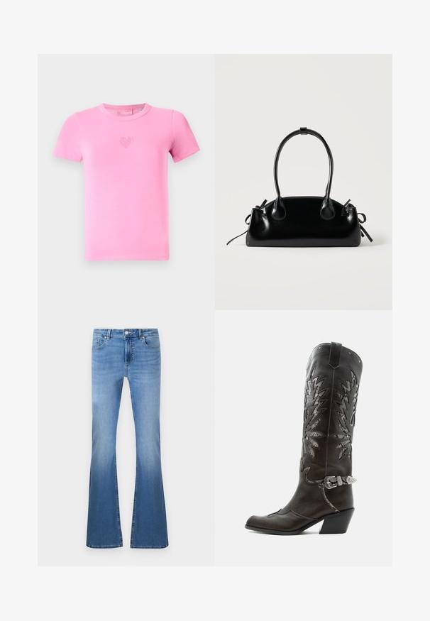 Camiseta rosa de manga corta hecha de suave algodón. Presenta un pequeño diseño bordado de un corazón en el pecho. Estilo clásico de cuello redondo.; Jeans acampanados de color azul claro con un acabado desgastado, que cuentan con un cierre frontal de botón y cremallera, estilo de cinco bolsillos y detalles de costura visibles.; Bota cowboy de cuero negro con recortes decorativos, hebilla plateada y tacón inclinado, presentada sobre fondo blanco.; Pequeño bolso negro brillante con dos asas largas y detalles de cordón lateral sobre un fondo claro liso.