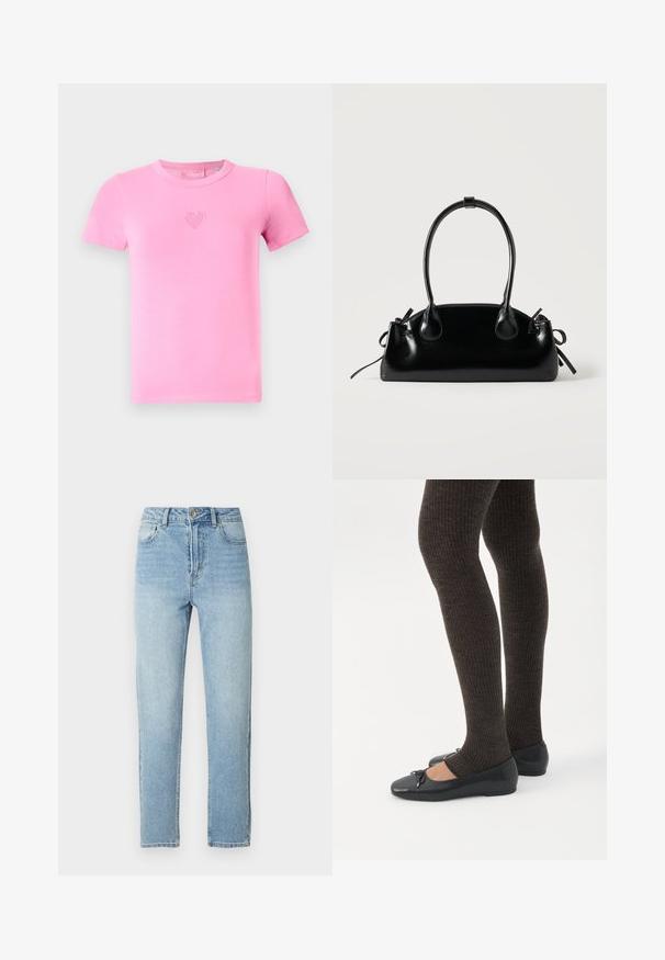 Camiseta rosa de manga corta hecha de suave algodón. Presenta un pequeño diseño bordado de un corazón en el pecho. Estilo clásico de cuello redondo.; Vaqueros de mezclilla azul claro con diseño de pierna recta, estilo de cinco bolsillos, cierre con botón metálico y detalle sutil de desgastado en la parte delantera.; Piernas con leggings oscuros acanalados combinados con bailarinas negras que presentan pequeños detalles de lazo sobre un fondo blanco.; Pequeño bolso negro brillante con dos asas largas y detalles de cordón lateral sobre un fondo claro liso.