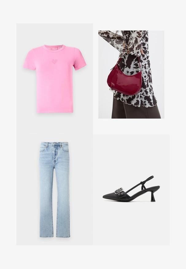 Camiseta rosa de manga corta hecha de suave algodón. Presenta un pequeño diseño bordado de un corazón en el pecho. Estilo clásico de cuello redondo.; Vaqueros de mezclilla de color azul claro con un diseño de pierna recta, que presentan una cintura alta, un estilo clásico de cinco bolsillos y un sutil desvanecimiento.; Simmi London DALA - Tacones - black; Mujer con blusa de estampado en blanco y negro sosteniendo un bolso de hombro rojo brillante sobre un fondo liso.