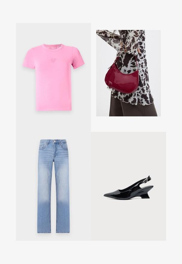 Camiseta rosa de manga corta hecha de suave algodón. Presenta un pequeño diseño bordado de un corazón en el pecho. Estilo clásico de cuello redondo.; Pantalones de mezclilla azul claro con un diseño de pierna recta, que presentan un lavado deslavado en la parte inferior y un estilo clásico de cinco bolsillos.; Zapato slingback de cuero charol negro con puntera puntiaguda y tacón bajo en bloque inclinado sobre fondo claro liso.; Mujer con blusa de estampado en blanco y negro sosteniendo un bolso de hombro rojo brillante sobre un fondo liso.