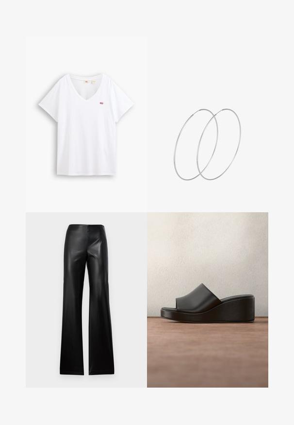 Camiseta blanca de algodón con cuello en V y mangas cortas. Presenta un pequeño logo rojo en el pecho izquierdo. Textura suave y ajuste relajado.; Pantalones de cuero negro acampanados con una textura suave, que cuentan con una cinturilla alta y un diseño simple, ajustándose en la parte superior y ensanchándose hacia el dobladillo.; Sandalia de plataforma tipo slide de cuero negro con punta abierta y marca Anna Field en la plantilla, mostrada sobre un fondo oscuro y desenfocado.; Pendientes de aro plateados con un diseño minimalista. Forma circular, textura suave y perfil delgado. Livianos con un acabado pulido.