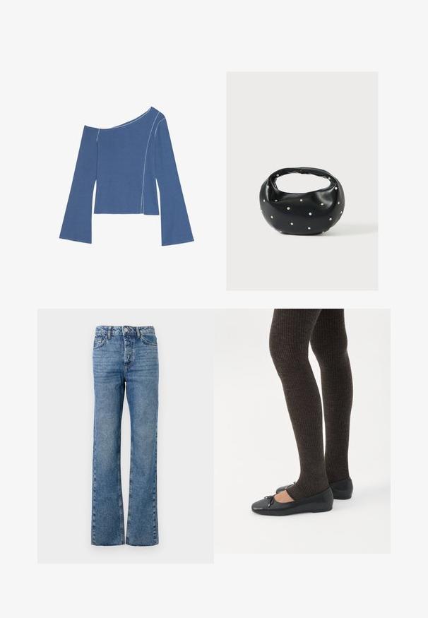 Even&Odd by Zalando Μπλούζα με μακριά μανίκια - dark denim; Μπλε τζιν με φαρδιά σειρά, κατασκευασμένα από τζιν ύφασμα. Διαθέτουν πέντε τσέπες, κλείσιμο με κουμπί και φερμουάρ, με ξεθωριασμένο σχέδιο στα πόδια και ίσια εφαρμογή.; Πόδια με σκουρόχρωμα ριμπ κολάν συνδυασμένα με μαύρα μπαλαρίνα παπούτσια με μικρές λεπτομέρειες φιόγκων σε λευκό φόντο.; Μαύρη δερμάτινη τσάντα χειρός με στρογγυλεμένο σχήμα, διακοσμημένη με ασημένιες λεπτομέρειες με καρφιά και κοντή λαβή. Λείο υλικό και κλείσιμο με φερμουάρ.
