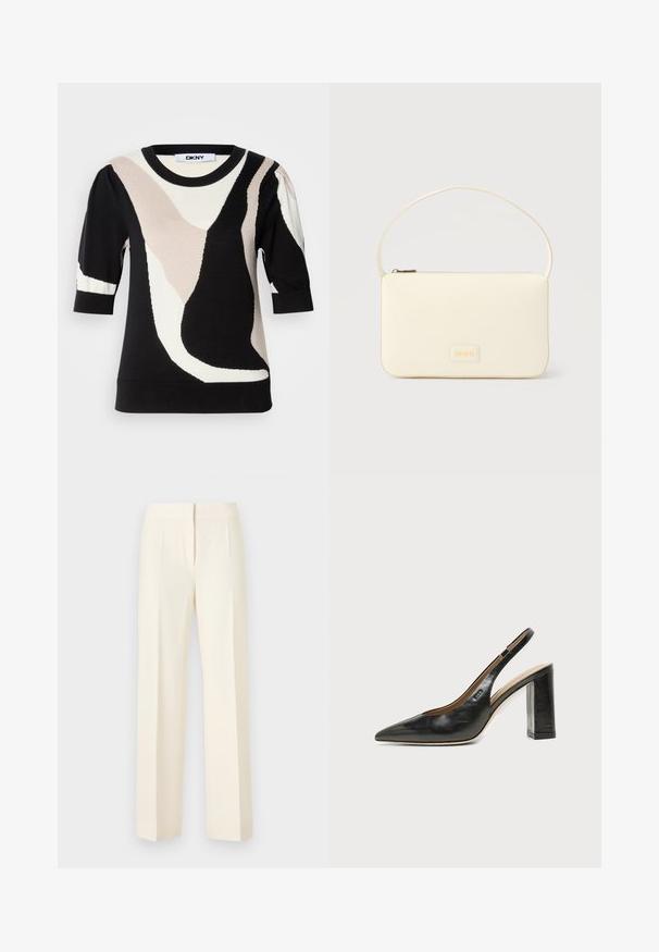Pull DKNY à manches courtes avec motifs abstraits noirs, blancs et beiges, col rond et poignets côtelés pour la texture. Matière en maille douce.; Pantalon droit sur mesure couleur blanc cassé avec pli avant, ceinture et fermeture avant dissimulée sur un fond uni.; Chaussure slingback en cuir noir à bout pointu avec un talon bloc haut et une doublure intérieure beige sur un fond clair uni.; Sac à main rectangulaire de couleur crème avec une seule sangle et une fermeture éclair sur le dessus, comportant une petite plaque de logo embossé à l'avant.