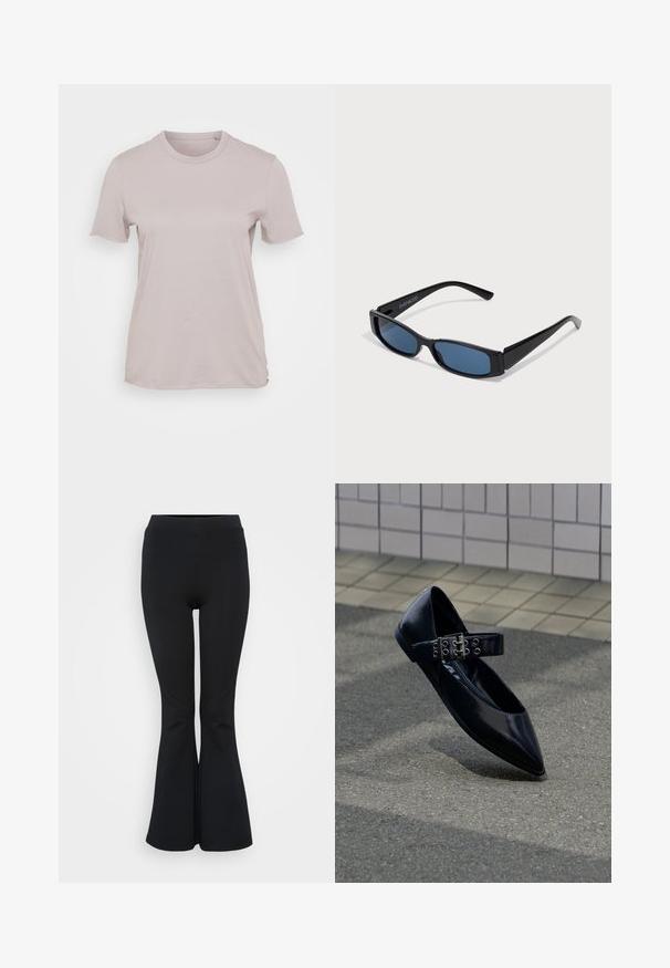 Camiseta de manga corta color beige claro, hecha de algodón, con un escote redondo y un corte relajado, de textura suave y sin patrones visibles.; Leggings acampanados negros hechos de material elástico. Presentan una cinturilla alta y una textura suave. Terminan en un dobladillo acampanado.; Zapato plano negro puntiagudo con una amplia correa que presenta una doble hebilla plateada y ojales, colocado en posición vertical sobre asfalto cerca de una pared con azulejos.; Gafas de sol negras con una elegante montura rectangular y lentes azules. Presentan una textura suave y varillas resistentes. Logo de la marca en el costado.