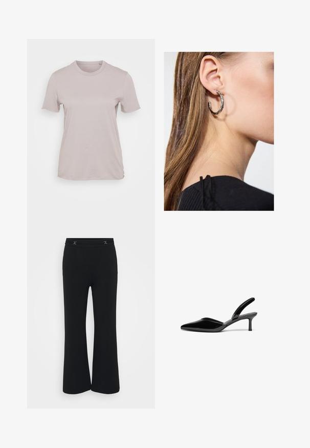 Camiseta de manga corta color beige claro, hecha de algodón, con un escote redondo y un corte relajado, de textura suave y sin patrones visibles.; Pantalones acampanados negros de tela suave con una cinturilla plana que presenta dos adornos plateados decorativos en la parte delantera, textura lisa y sin bolsillos.; Tacones slingback de charol negro con punta afilada, tacón de aguja bajo y un diseño elegante y simple sin adornos.; Pendiente de aro de plata con un acabado pulido, que presenta pequeños detalles en dorado y una forma redonda, llevado en el lóbulo.