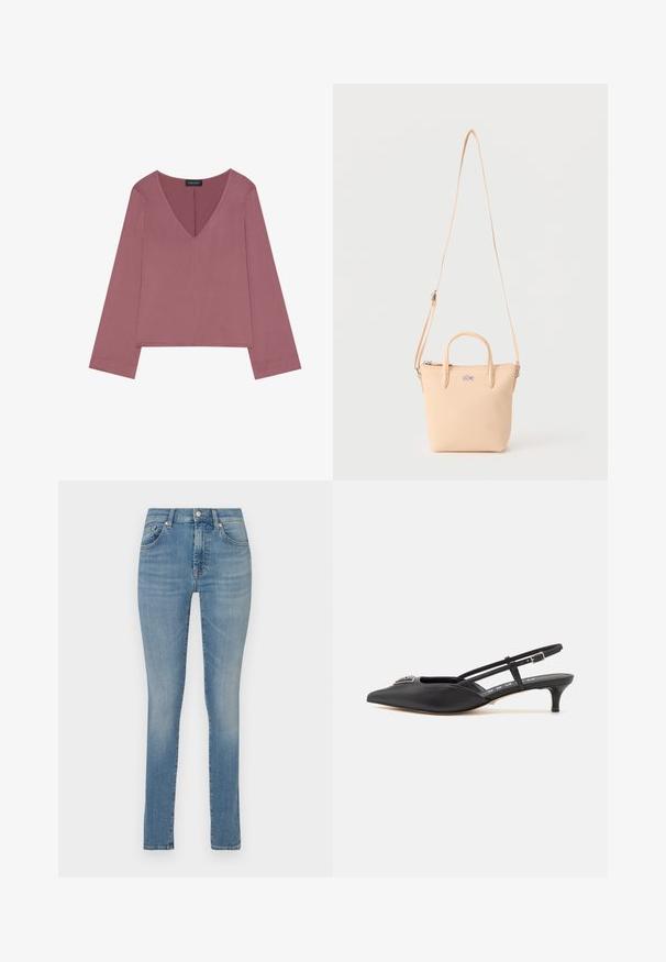 Top à manches longues en V en rose poussiéreux, avec une coupe décontractée, un tissu doux et un ourlet droit avec des détails de couture minimaux.; Jean skinny en denim bleu clair avec une taille mi-haute, cinq poches, un léger effet délavé et une coupe droite. Doté d'un bouton en métal et d'une fermeture éclair.; Chaussures noires à talon slingback avec un bout pointu, en matériau lisse, dotées d'un petit talon et d'un accent décoratif en argent sur le dessus.; Petit sac à main beige avec deux poignées courtes, une longue bandoulière réglable et un logo crocodile à l'avant.
