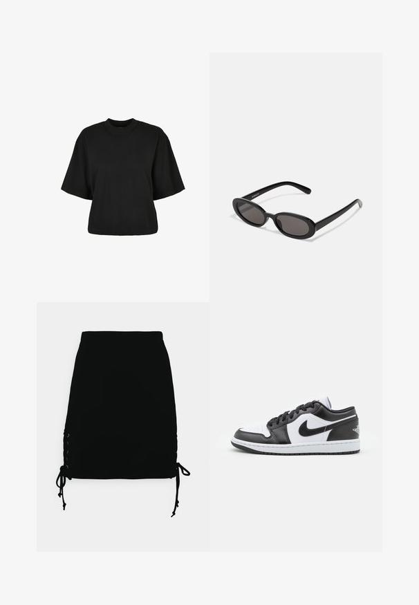 Zwart cropped t-shirt van katoen. Heeft korte mouwen en een ronde halslijn. Glad materiaal met een eenvoudig ontwerp, geen extra patronen.; Even&Odd by Zalando Minirok - black; Zwart-witte Nike lage sneakers hebben een glad leren bovenwerk, een ronde neus, vetersluiting en een gestippelde rubberen zool.; Even&Odd by Zalando Zonnebril - black
