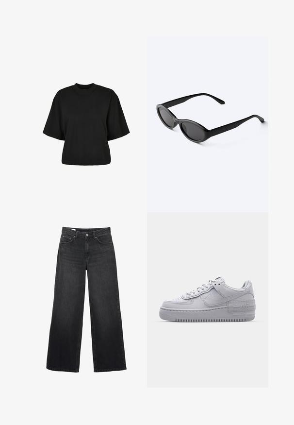 Zwart cropped t-shirt van katoen. Heeft korte mouwen en een ronde halslijn. Glad materiaal met een eenvoudig ontwerp, geen extra patronen.; Zwarte jeans met brede pijpen, hoge taille, sluiting met knopen en rits aan de voorkant, riemlussen en een ontwerp met vijf zakken.; Grijze Nike Air Force 1 sneaker met geperforeerde neus, glad leren bovenwerk, dikke zool en verhoogde 'AIR' details op de hiel.; Strakke zwarte ovale zonnebril met donkere glazen en rechte pootjes, rustend op een wit oppervlak.