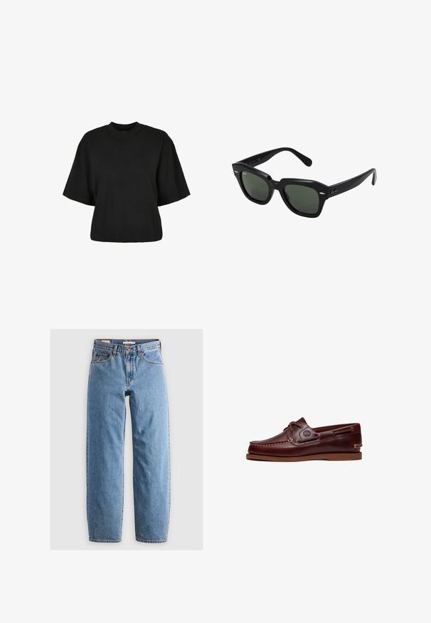 Zwart cropped t-shirt van katoen. Heeft korte mouwen en een ronde halslijn. Glad materiaal met een eenvoudig ontwerp, geen extra patronen.; Lichtblauwe denim jeans met een recht model, vijf zakken, een ritsluiting en een subtiele vervaagde textuur. Klassieke stijl met minimale hardware.; Bruine leren boot schoen met veters, stiksel details en Timberland-logo aan de zijkant, weergegeven op een witte achtergrond.; Zwarte vierkante zonnebril met donker groene lenzen, uitgerust met gedurfde monturen en zilveren accenten aan de zijkanten. Gemaakt in Italië.