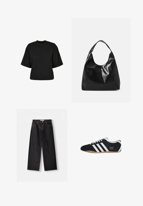 Zwart cropped t-shirt van katoen. Heeft korte mouwen en een ronde halslijn. Glad materiaal met een eenvoudig ontwerp, geen extra patronen.; Zwarte jeans met wijde pijpen, voorzakken en zilveren knoopsluiting, plat gelegd op een lichtgrijze achtergrond.; Zwarte suède sneaker met witte drie strepen, gouden logo en een bruine rubberen zool. Heeft een laag profiel vetersluiting ontwerp.; Zwarte leren hobo tas met een zachte, glanzende textuur en een ronde, open bovenkant. Voorzien van een brede, gebogen schouderband om te dragen. Geen zichtbare hardware.