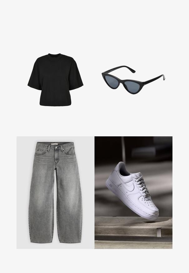 Zwart cropped t-shirt van katoen. Heeft korte mouwen en een ronde halslijn. Glad materiaal met een eenvoudig ontwerp, geen extra patronen.; Grijze wijde jeans van denim met knoop en rits aan de voorkant, riemlussen en vijfzakken ontwerp op een effen achtergrond.; Witte Nike Air Force 1 sneaker die zweeft boven een betonnen oppervlak met schaduwen in een minimalistische setting.; Zwarte cat-eye zonnebril met donkergrijze lenzen, slank plastic frame, puntige hoeken en rechte pootjes. Geen zichtbare hardware of accenten.