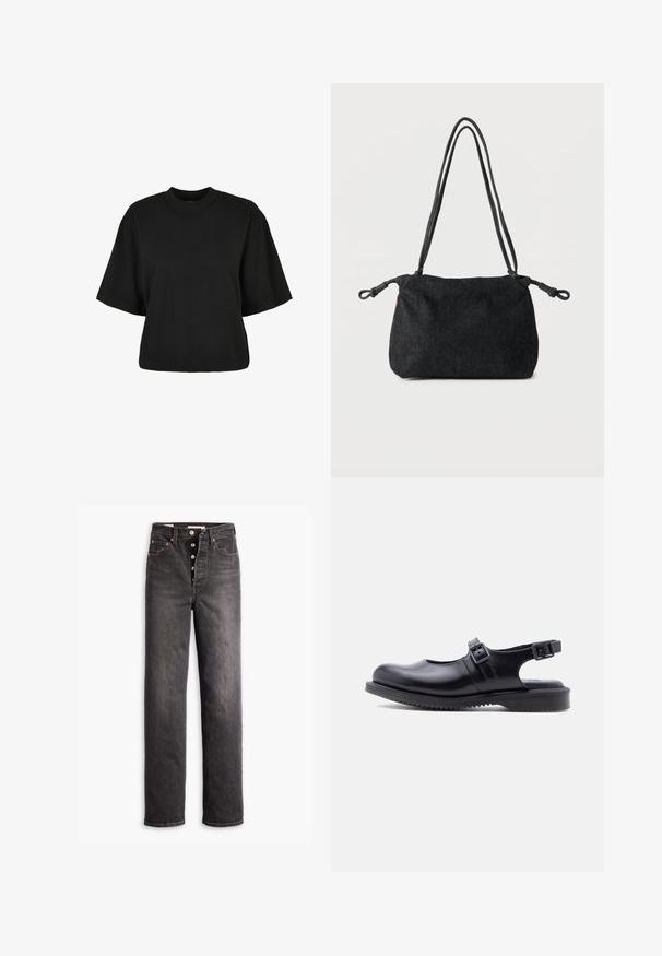 T-shirt noir court en coton. Doté de manches courtes et d'un col rond. Texture lisse avec un design simple, sans motifs supplémentaires.; Jean noir taille haute avec une coupe droite, fabriqué en denim. Il comporte un bouton de fermeture, des accents en cuivre et des coutures contrastées.; Chaussure style Mary Jane en cuir noir avec deux brides ajustables à boucle et une semelle épaisse en caoutchouc rainurée.; Sac bandoulière en denim noir avec doubles sangles en corde et extrémités nouées de chaque côté, posé sur un fond blanc uni.