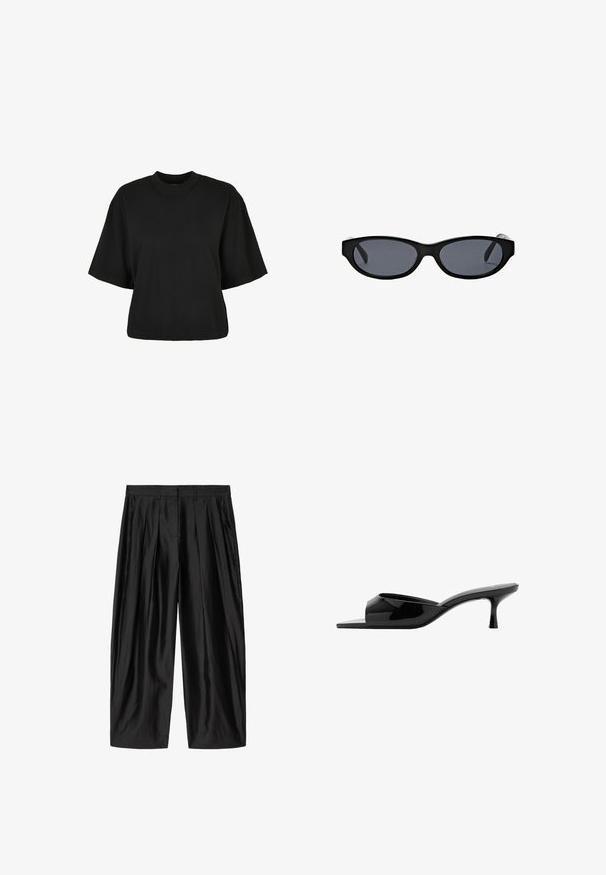 Schwarzes, kurz geschnittenes T-Shirt aus Baumwolle. Hat kurze Ärmel und einen runden Halsausschnitt. Glatte Textur mit einem schlichten Design, ohne zusätzliche Muster.; Schwarze, weit geschnittene Hose mit hoher Taille, vorderen Abnähern, seitlichen Taschen und glattem, leicht glänzendem Stoff.; Schwarzer Lackleder-Mule mit quadratischer Zehenpartie und niedrigem Kittenabsatz, offenem Rücken und Slip-On-Design.; Schwarze ovale Sonnenbrille mit dicken Fassungen und dunkel getönten Gläsern, vor weißem Hintergrund dargestellt.
