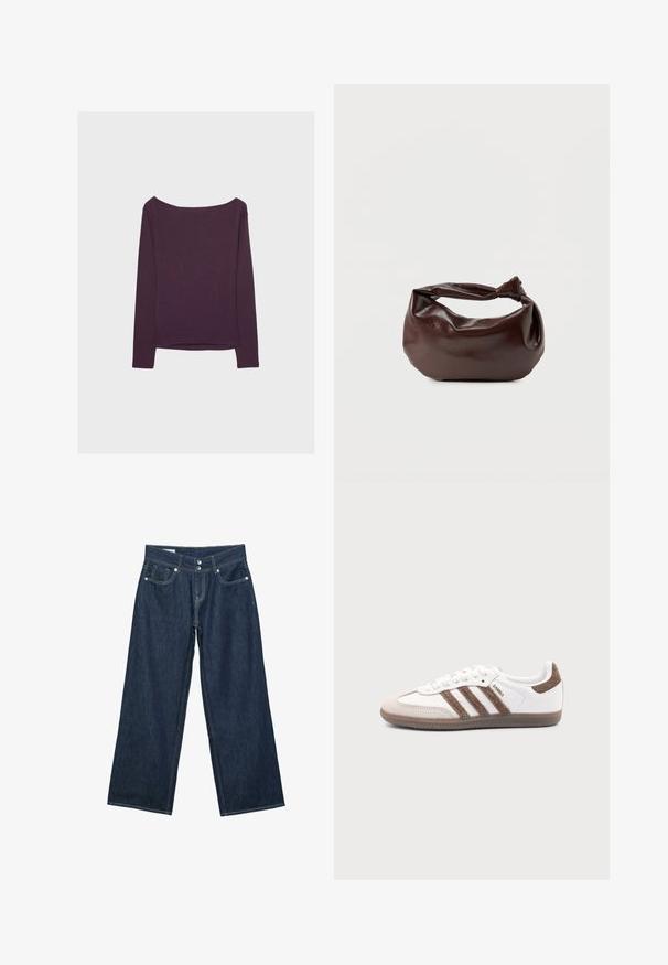 Langærmet bluse i mørk lilla, lavet af blødt jersey stof. Har en bred halsudskæring og en afslappet pasform, med lige kant og lange ærmer.; Mørkeblå vidde jeans i denim med dobbelt knaplukning, forlommer og kontrastsyning på hvid baggrund.; Hvid Adidas Samba sneaker med brune ruskindstriber, brun gummisål og beige ruskindståhætte, vist fra ydersiden på en ensfarvet baggrund.; Mørkebrun læder skuldertaske med en blød, afslappet form og et snoet knudehåndtag på en ensartet hvid baggrund.