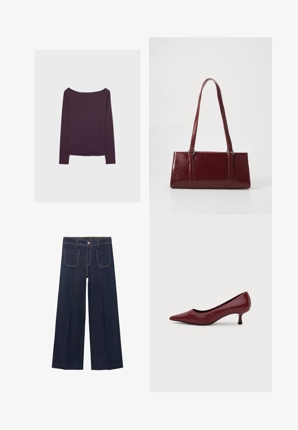 Langærmet bluse i mørk lilla, lavet af blødt jersey stof. Har en bred halsudskæring og en afslappet pasform, med lige kant og lange ærmer.; Bredde ben mørk denim jeans med lige pasform, der har to baglommer og kontrasterende syninger langs sømmene.; Skinnende mørkerød damesko i laklæder med spids tå og lav kittenhæle på en ensfarvet hvid baggrund.; Bordeaux håndtaske lavet af glansfuldt materiale, rektangulær form, med to skulderremme og subtile buede detaljer på forsiden.