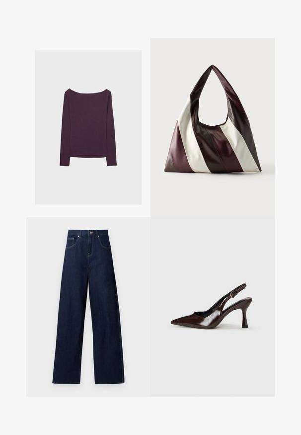 T-shirt à manches longues en violet foncé, fabriqué en jersey doux. Présente un col large et une coupe décontractée, avec un ourlet droit et des manches longues.; Jean en denim bleu foncé à jambes larges avec bouton et poches à l'avant, présenté à plat sur fond blanc.; Talons slingback en cuir verni brun avec un bout pointu, un talon fin, et une sangle réglable avec une petite boucle.; Grand sac à main triangulaire en cuir avec de larges rayures diagonales marron foncé, bordeaux et crème sur un fond uni.