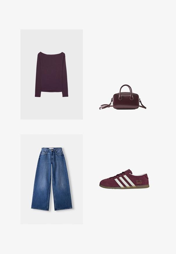 T-shirt à manches longues en violet foncé, fabriqué en jersey doux. Présente un col large et une coupe décontractée, avec un ourlet droit et des manches longues.; Jeans en denim bleu à jambes larges avec poches avant, passants de ceinture et fermeture par bouton, posés à plat sur un fond clair.; Baskets en daim bordeaux avec accents rayés blancs, bout arrondi et semelle en caoutchouc gomme. Comprend une étiquette logo sur le côté extérieur.; Petit sac à main en cuir brun foncé avec doubles poignées et une bandoulière amovible sur fond blanc.