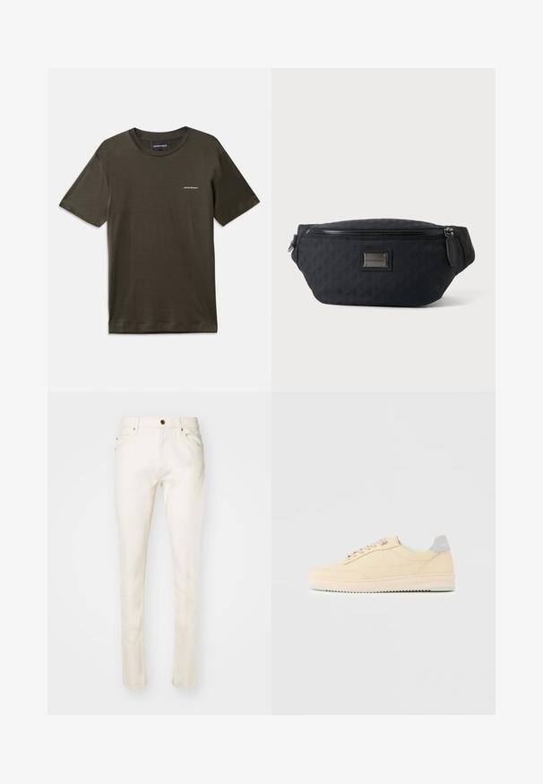 Olivgrünes kurzärmliges T-Shirt aus glattem Stoff, mit Rundhalsausschnitt und einem kleinen Logodetail auf der linken Brust.; Beige Baumwolljeans mit schlanker Passform, ausgestattet mit einem Knopfverschluss vorne, fünf Taschen und subtilen Nähdetails. Glatte Textur und schmal zulaufendes Bein.; Beiger Sneaker in niedrigem Design mit Schnürverschluss vorne, hellrosa Sohle und grauem Fersenlasche mit der Marke "Filling Pieces", seitlich auf neutralem Hintergrund gezeigt.; Schwarze Stoff-Gürteltasche mit vorderem Reißverschluss und kleinem Metall-Logoschild in der Mitte, vor einem schlichten Hintergrund präsentiert.