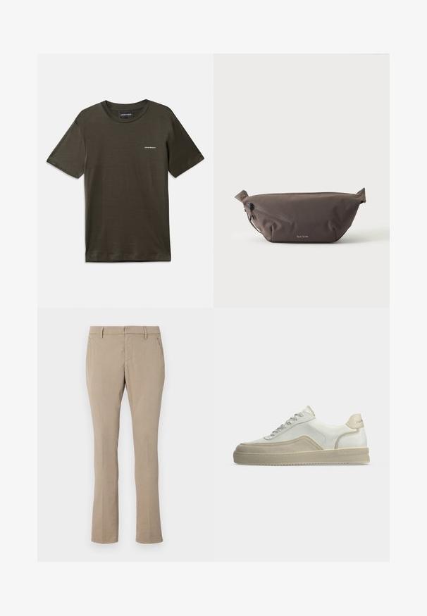 Olivgrünes kurzärmliges T-Shirt aus glattem Stoff, mit Rundhalsausschnitt und einem kleinen Logodetail auf der linken Brust.; Beige Hose aus Baumwollmischung, mit slim-fit, geradem Bein, frontseitigen Taschen und einem Reißverschluss mit Knopfverschluss.; Weißer Low-Top-Sneaker mit beigen Wildlederdetails, Schnürung vorne und gebrandeter Fersenschlaufe auf hellem, einfarbigem Hintergrund.; Dunkelbraune Stoff-Gürteltasche mit diagonalem Reißverschlussfach und kleinem weißen Logo vorne, vor einem einfarbigen hellen Hintergrund.