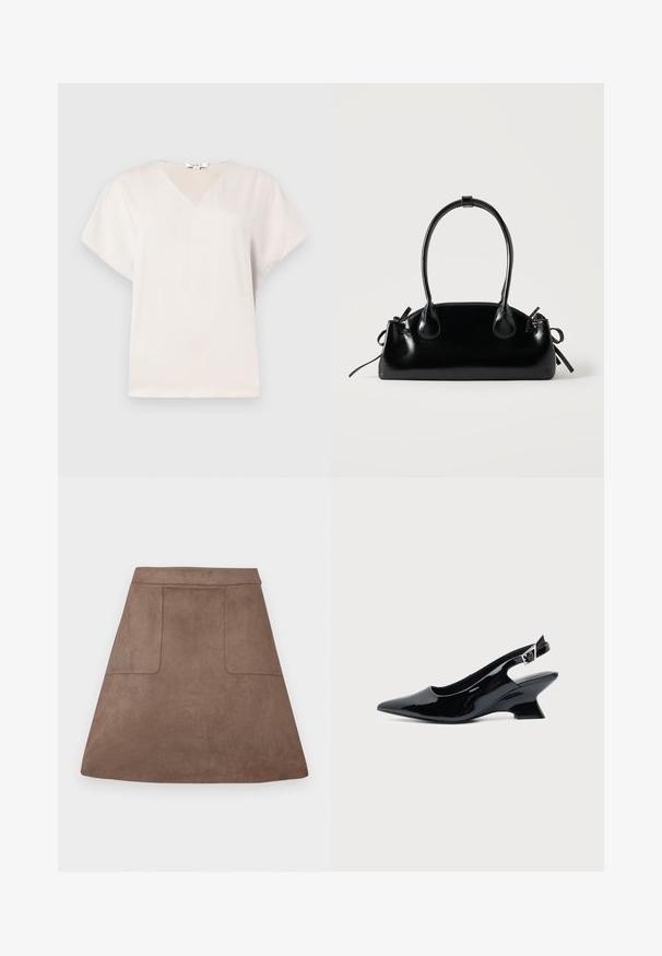 Blouse blanche à manches courtes avec col en V, coupe ample et tissu doux, présentée sur un fond gris clair.; Jupe A-line en suède marron avec une texture lisse, dotée de deux poches avant et d'une taille sans couture, conçue pour une longueur au-dessus du genou.; Chaussure slingback en cuir verni noir avec bout pointu et petit talon bloc incliné sur fond clair uni.; Petit sac à main noir brillant avec deux longues anses et des détails à cordon sur les côtés sur un fond clair uni.