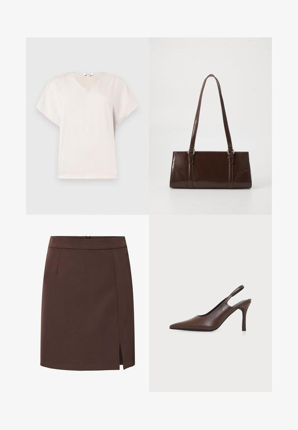 Blouse blanche à manches courtes avec col en V, coupe ample et tissu doux, présentée sur un fond gris clair.; Jupe marron longueur genou avec une petite fente à l’avant sur l’ourlet droit, ceinture simple, sans motifs ni ornements visibles.; Chaussure à talon haut slingback en cuir marron à bout pointu avec talon stiletto fin sur fond clair uni.; Sac à main en cuir verni marron de forme rectangulaire, avec deux longues poignées et des accents courbés subtils à l'avant.
