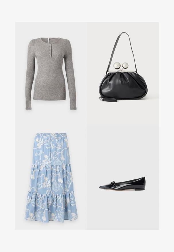 Chemise henley à manches longues grise en tissu côtelé, avec un col arrondi et une patte de boutonnage à trois boutons. Coupe ajustée avec des poignets sans couture.; Jupe bleu clair à volants avec broderie blanche sur le thème de la mer, comprenant des coquillages, des poissons et des cordages, taille élastique et couches de tissu froncées.; Chaussure plate en cuir verni noir avec un bout pointu, une petite lanière décorative et un petit talon carré. Texture lisse et design épuré.; Sac à main en cuir noir avec un design plissé, une sangle unique, un cadre métallique argenté et deux grandes fermoirs ronds en argent.