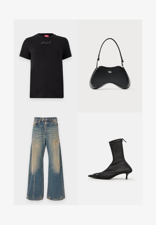 Μαύρο t-shirt Diesel με κοντά μανίκια και μικρό λογότυπο σε σχήμα ραντάν, τοποθετημένο στο κέντρο κάτω από το ντεκολτέ.; Τζιν παντελόνι φαρδιάς γραμμής σε ξεθωριασμένο μπλε χρώμα με φθαρμένες λεπτομέρειες, εμπρός και πλαϊνές τσέπες, κλείσιμο με κουμπί και φερμουάρ.; Μαύρο πλέγμα μποτάκι μέχρι τον αστράγαλο με μυτερή μύτη, κλείσιμο με φερμουάρ και μικρό τακούνι. Περιλαμβάνει μια διακοσμητική αγκράφα κοντά στην περιοχή της μύτης.; Μαύρη τσάντα χειρός από τεχνητό δέρμα με μοναδικό καμπυλωτό σχήμα, κοντή λαβή και ασημένια λεπτομέρεια λογότυπου στο μπροστινό μέρος. Ομαλή υφή, μινιμαλιστικός σχεδιασμός.