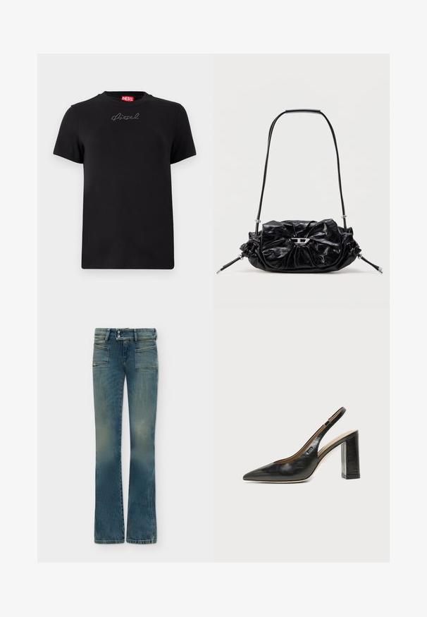 T-shirt noir Diesel à manches courtes avec un petit logo en strass centré juste en dessous de l'encolure.; Jean en denim bleu délavé avec jambes larges, poches plaquées sur le devant et double fermeture par boutons à la taille.; Chaussure slingback en cuir noir à bout pointu avec un talon bloc haut et une doublure intérieure beige sur un fond clair uni.; Sac à main en cuir noir avec un design froncé et un détail en forme de nœud sur le devant. Dispose d'une poignée courte et d'accents de quincaillerie argentée.