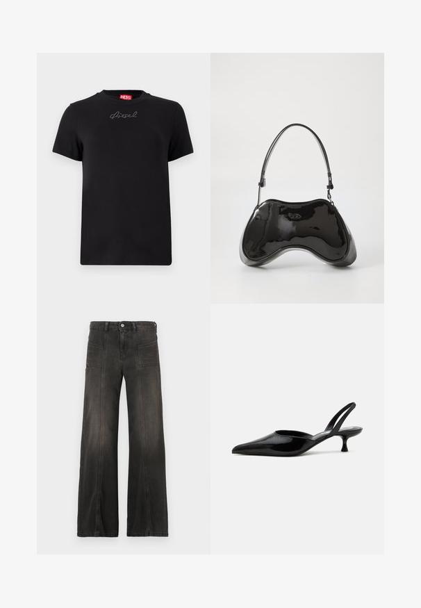 T-shirt noir Diesel à manches courtes avec un petit logo en strass centré juste en dessous de l'encolure.; Jean en denim noir à jambes larges avec une finition délavée, comprenant deux poches avant et des détails cousus le long des coutures. Conception taille haute.; Chaussure slingback à talon kitten en cuir verni noir avec bout pointu et talon bas incurvé sur fond clair uni.; Sac à main en cuir verni noir avec une forme incurvée unique, une anse courte et ajustable, et une fermeture zippée. Texture lisse avec un branding discret.