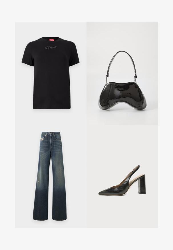 T-shirt noir Diesel à manches courtes avec un petit logo en strass centré juste en dessous de l'encolure.; Jean en denim à jambes larges de couleur bleu foncé avec une finition délavée, présentant un genou usé et un design classique à cinq poches avec une étiquette.; Chaussure slingback en cuir noir à bout pointu avec un talon bloc haut et une doublure intérieure beige sur un fond clair uni.; Sac à main en cuir verni noir avec une forme incurvée unique, une anse courte et ajustable, et une fermeture zippée. Texture lisse avec un branding discret.