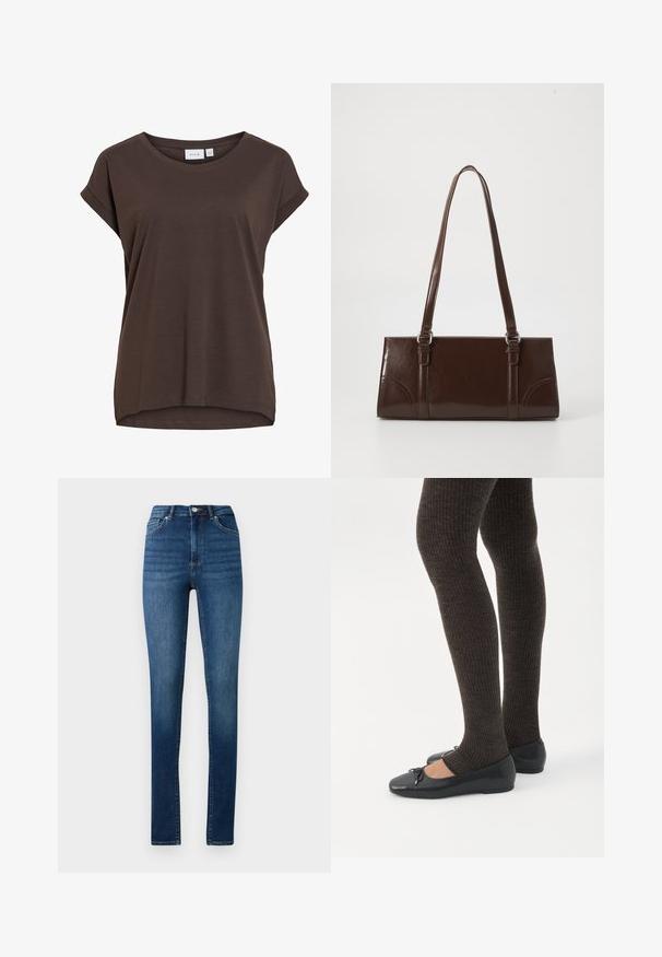 Brun kortærmet løs t-shirt med rund hals og diskrete opsmøgede kanter, lavet af blødt stof.; Høj talje skinny jeans i medium blå denim med klassisk fem-lomme design og knaplukning.; Ben iført mørke ribbede leggings kombineret med sorte balletsko med små sløjfedetaljer på hvid baggrund.; Brun lakeret håndtaske med rektangulær form, to lange håndtag og subtile buede detaljer på fronten.