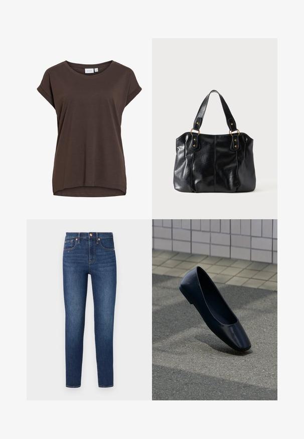 Brun kortærmet løs t-shirt med rund hals og diskrete opsmøgede kanter, lavet af blødt stof.; GAP SKINNY HAVEL - Jeans Skinny Fit - dark wash; Sort læder flad sko, stående opret på en asfaltbelægning nær en flisebelagt fortovskant.; Sort læder skuldertaske med dobbelte stropper fastgjort med gyldne ringe og nitter, glat og let skinnende overflade, enkelt design.