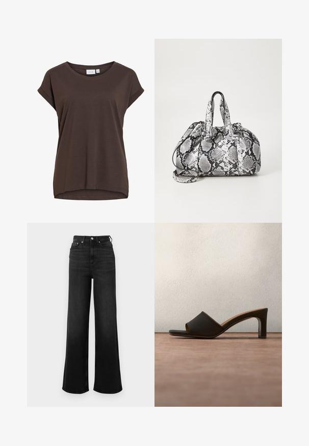 Brun kortærmet løs t-shirt med rund hals og diskrete opsmøgede kanter, lavet af blødt stof.; Bukser i sort denim med vide ben og høj talje, med fem lommer og metalbeslag. Glat tekstur og minimal falming.; Sort mule med åben tå, firkantet front og mellemhøj blokhæl på gråt tæppe med slørede grønne paneler bagved.; Håndtaske med sort og hvid slidmønster, to håndtag, snøre lukning og aftagelig skulderrem. Glat tekstur.