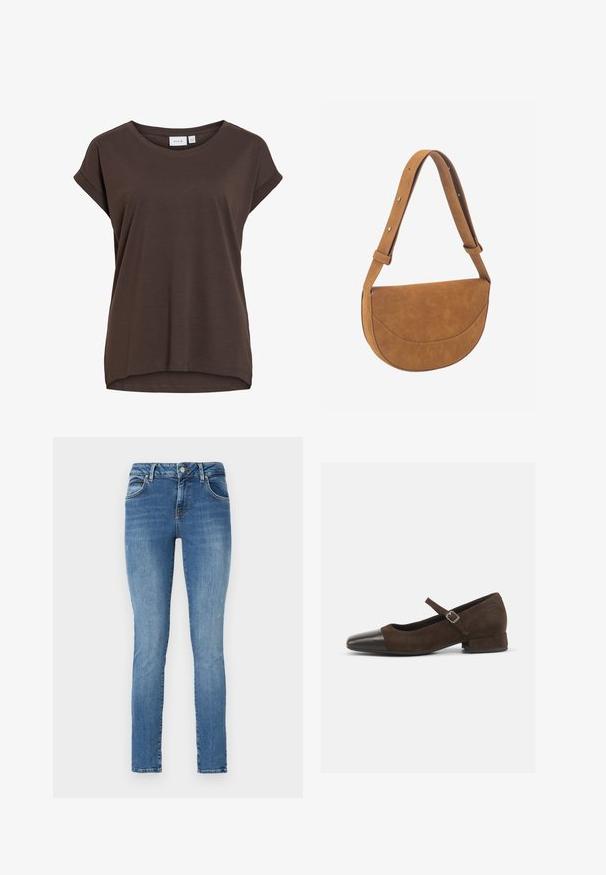 Brun kortærmet løs t-shirt med rund hals og diskrete opsmøgede kanter, lavet af blødt stof.; Smarte jeans i blå denim med en slidtagning, der har fem lommer, bæltestropper og en lynlås med knaplukning.; Brun ruskind Mary Jane-sko med en sort laklæder tåhætte, justerbar rem og en lav blokhæl. Glat tekstur med minimale detaljer.; Brun halv-måne skuldertaske i læder med justerbar rem og syet frontlommeklap, præget med "HVISK" logo.
