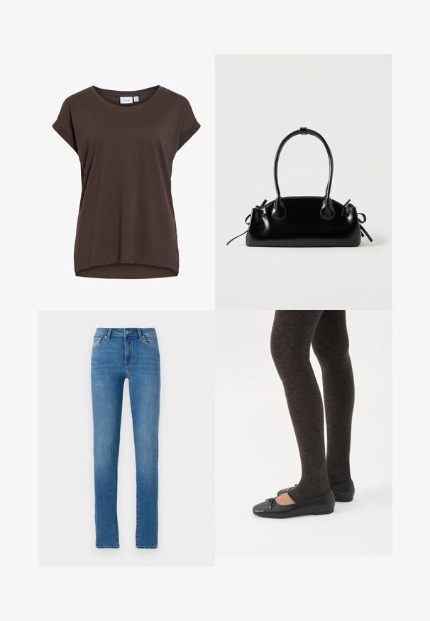Bruine T-shirt met korte mouwen, losse pasvorm, ronde hals en subtiel opgerolde mouwomslagen, gemaakt van zacht materiaal.; Blauwe denim jeans met een rechte pasvorm, vijf zakken, sluiting met een knoop aan de voorkant en subtiele stiksels. Schoon ontwerp met een middelgrote wassing.; Benen met donkere geribbelde leggings gecombineerd met zwarte ballerina's met kleine strikdetails op een witte achtergrond.; Kleine zwarte glanzende handtas met twee lange hengsels en zijkant trekkoord details op een effen lichte achtergrond.