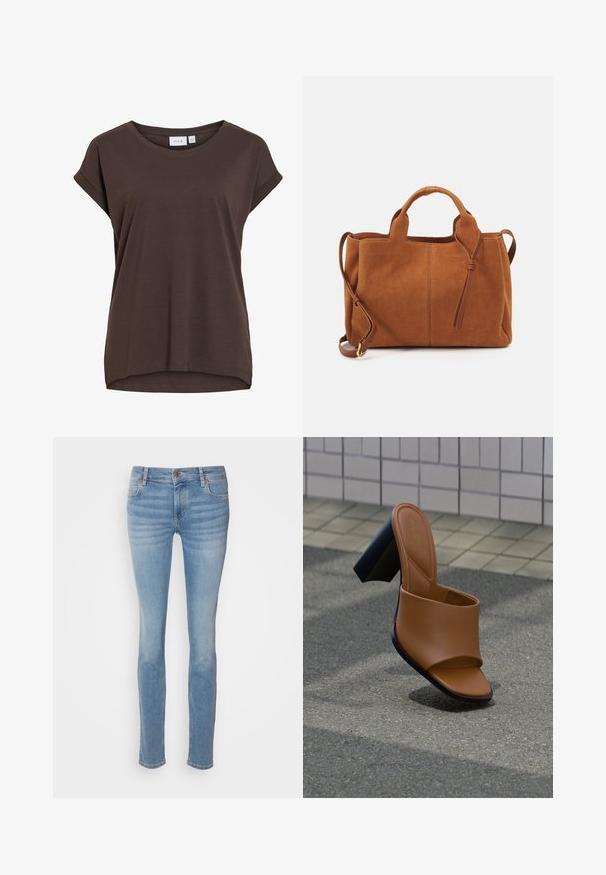Brun kortærmet løs t-shirt med rund hals og diskrete opsmøgede kanter, lavet af blødt stof.; Lyseblå skinny jeans lavet af denim, med et klassisk femlomme-design, mellemhøj talje og subtil lysning langs benene.; Brun slip-in sandal i kunstlæder med en glat tekstur, åben tå og en chunky sort hæl. Minimalistisk design med en bred rem tværs over foden.; Brun ruskind tote taske med doble håndtag og en aftagelig skulderrem. Har et enkelt design og to lodrette syninger på forsiden.