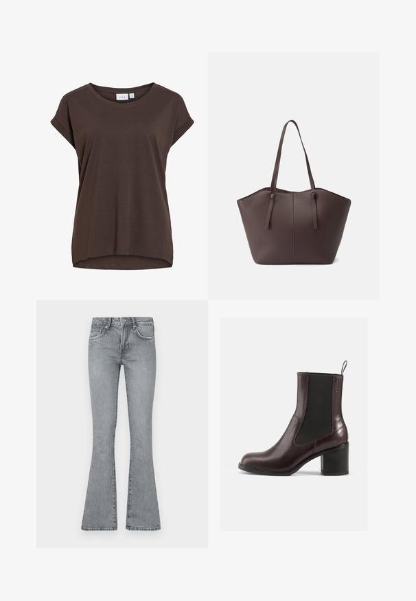 Brun kortærmet løs t-shirt med rund hals og diskrete opsmøgede kanter, lavet af blødt stof.; Lystgrå, flagrende jeans lavet af denim. Har en høj talje, fem-lomme design og en falmet vask med syninger ved sømmene.; Brune læder ankelstøvler med elastiske sidepaneler, rund tå og blokhæl. Glat tekstur og diskret syning.; Brun læder tote taske med en bred, åben top, to lange håndtag og en tekstureret overflade. Har en struktureret silhuet og minimal detaljer.