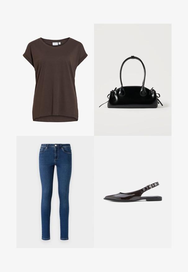 Brun kortærmet løs t-shirt med rund hals og diskrete opsmøgede kanter, lavet af blødt stof.; Slanke denimjeans i mørkeblå. Har et klassisk fem-lomme-design, metalknaplukning og diskret syninger langs sømmene.; Sorte slingback-flats i lakeret læder med spids tå, flad hæl og justerbar rem med sølvfarvet hardware og nitteaccents.; Lille sort blank håndtaske med to lange håndtag og snøre-detaljer i siden på en ensfarvet lys baggrund.
