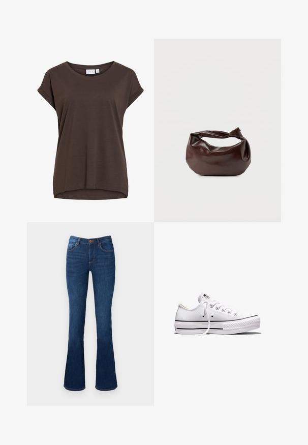 Brun kortærmet løs t-shirt med rund hals og diskrete opsmøgede kanter, lavet af blødt stof.; Bredde denim jeans i blå farve med mid-rise talje, der har for- og baglommer, orange syninger og knaplukning.; Lavtop hvid lærredsneaker med hvide snørebånd, gummisål, sorte stribedetaljer og logo-patch på tungen og hælen.; Mørkebrun læder skuldertaske med en blød, afslappet form og et snoet knudehåndtag på en ensartet hvid baggrund.