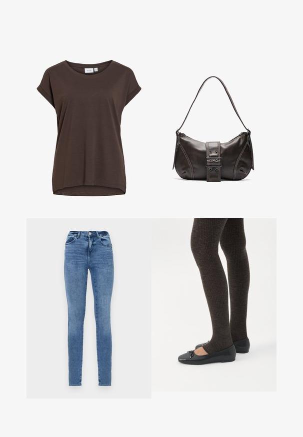 Bruine T-shirt met korte mouwen, losse pasvorm, ronde hals en subtiel opgerolde mouwomslagen, gemaakt van zacht materiaal.; Skinny jeans van lichtblauwe denim met een klassiek ontwerp. Beschikt over vijf zakken, riemlussen en een subtiele vervaagde textuur.; Benen met donkere geribbelde leggings gecombineerd met zwarte ballerina's met kleine strikdetails op een witte achtergrond.; Bruine leren schoudertas met een gebogen vorm, voorzien van een opvallende gespdetail, contrasterende stiksels en een enkele schouderband.
