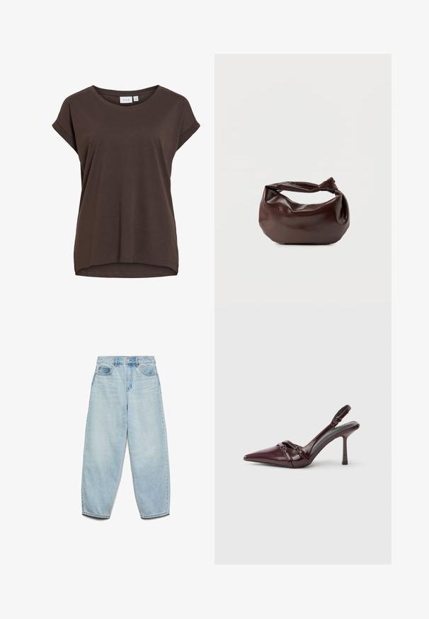 Bruine T-shirt met korte mouwen, losse pasvorm, ronde hals en subtiel opgerolde mouwomslagen, gemaakt van zacht materiaal.; Lichtblauwe denim jeans met een relaxte pasvorm, hoge taille en wijde pijpen met een licht vervaagde textuur en een klassiek vijfzakontwerp.; Bordeauxrode lakleren slingback met puntige neus, dunne enkelband en kleine decoratieve gespsluiting. Gladde textuur en hoge hak.; Donkerbruine leren schoudertas met een zachte, slungelige vorm en een gedraaide knoopvormige handgreep op een effen witte achtergrond.