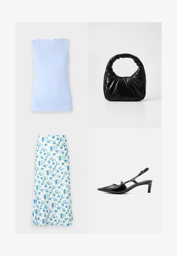 Top sin mangas de color azul claro con un escote cuadrado, hecho de una tela suave, que presenta un diseño ajustado y una silueta minimalista.; Falda midi blanca con estampado floral de rosas azules y azul claro y hojas verdes.; Zapato slingback de charol negro con punta puntiaguda, tacón bajo y dos correas ajustables con hebillas, mostrado de perfil lateral.; Bolso negro acolchado con un asa redondeada, que presenta una superficie lisa y brillante y una textura suave y acolchada. Sin herrajes ni acentos visibles.
